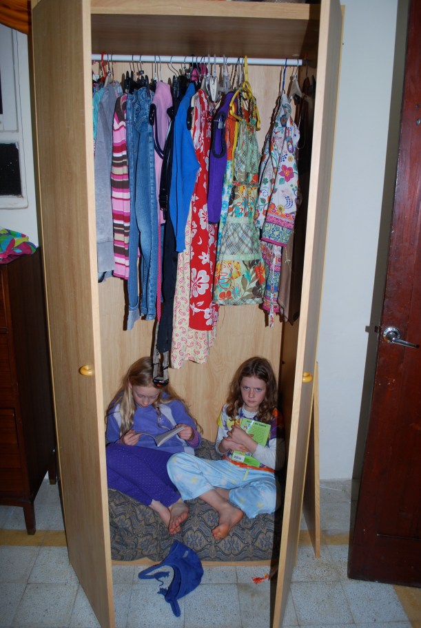They recently created this cozy spot in their closet as a quiet place to read.  Both girls spend ample amounts of time reading everyday.  They'll ask: Am I free?  And then run off to read.