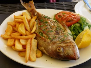 My fantastic lunch!  Jon and I picked out the fish we wanted from a display case and they cooked up the whole thing for us!  I had red snapper.