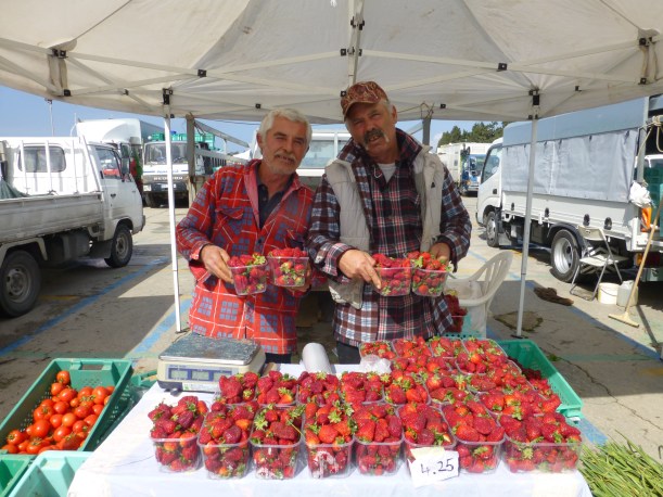 Strawberries!  In season now until about May or June.  And delicious.  The farmer is the one on the right but he wanted his friend in the photo!  
