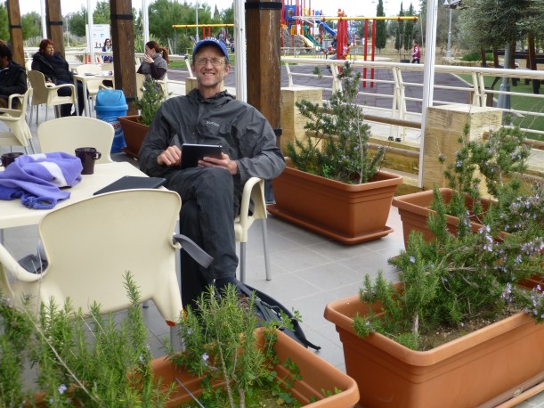 Jon and I sat here drinking our cappuccino while the girls played.  Notice the planters full of rosemary plants - it smelled delicious!