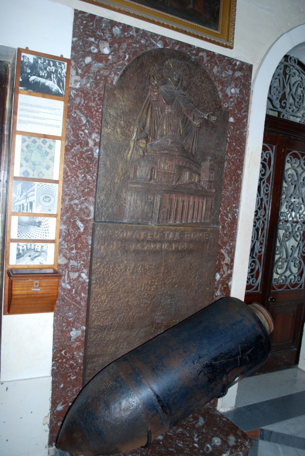 One of the most fascinating things about the dome took place on 9 April 1942.  A bomb like this replica penetrated teh dome of the church and landed in teh middle of the church.  It did not explode and no one was hurt.  If you look at teh dome photo again, you can see the place where the done was repaired after this incident.