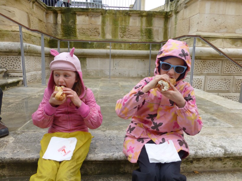 We ate lunch from one of the many food vendors in the area.  The girls had hotdogs (surprise!) and once again they were served with baked beans right in the bun.  It's actually pretty good!