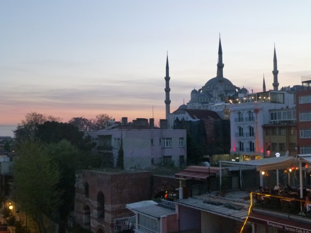 Our last evening in Istanbul.  We ate dinner at a rooftop restaurant and had beautiful views of the old city.