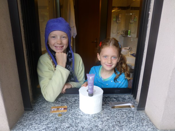 We tried to fly out of Bergamo on Monday but all the flights were cancelled and we had to stay the night in a hotel.  The next day, we had to drive to Turin to fly home.  The girls made the best of the situation but setting up a toiletries store in our hotel suite.  Good thing because I needed to stock up after being in the airport all day!