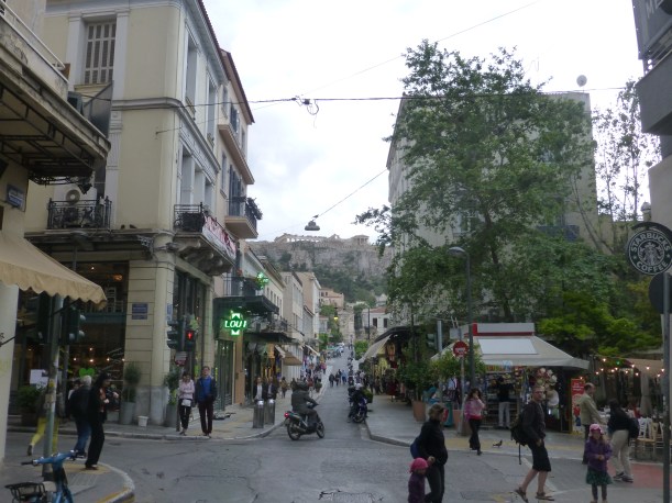 Our hotel was in a really fun area, just up the street from Monastiraki square, the "slouvaki street" and Ermou street, a pedestrian area with lots of shops.  And all in the shadow of the Acropolis.