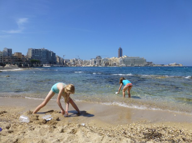 The waterfront in Sliema is only a 5 minute walk from our flat.  There is a small sand beach and shallow entry.  It gets a little rocky in the water so I like to wear shoes.