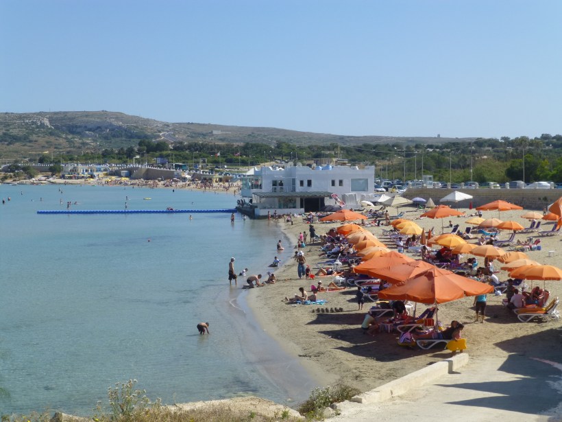 Mellieha Bay.  A huge sandy beach but it is very shallow for a long way out.  Perfect for little kids but not quite so fun for older ones (at least our girls!).
