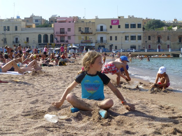The next closest beach (and probably the girls' current favorite) is St. George's Bay in Paceville.  There is a lot of sand and shallow water with a sand bottom for a long ways.