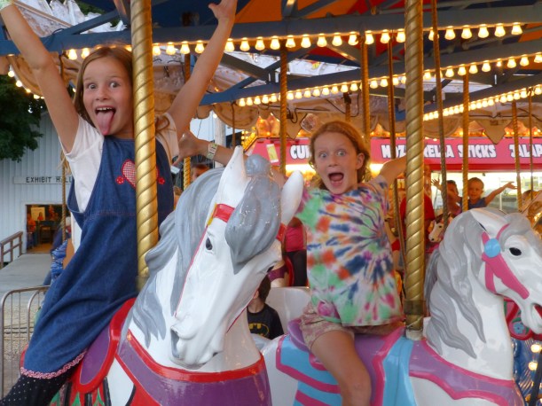 The County Fair.  Lily won a purple Grand Champion ribbon for creating a turtle out of all fruits and veggies.  The girls also loved all the rides.