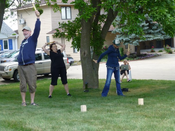 Doing a few kubb warm up stretches before the big game.
