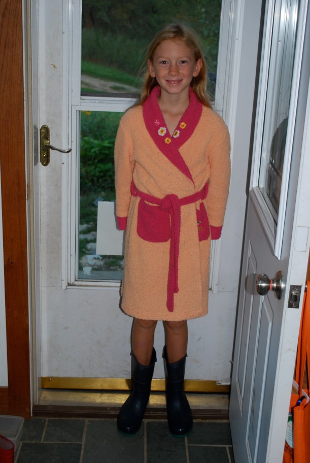 Chore time!  At least she has the right footwear!