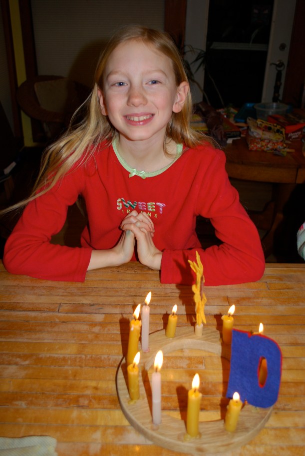 With her birthday ring.