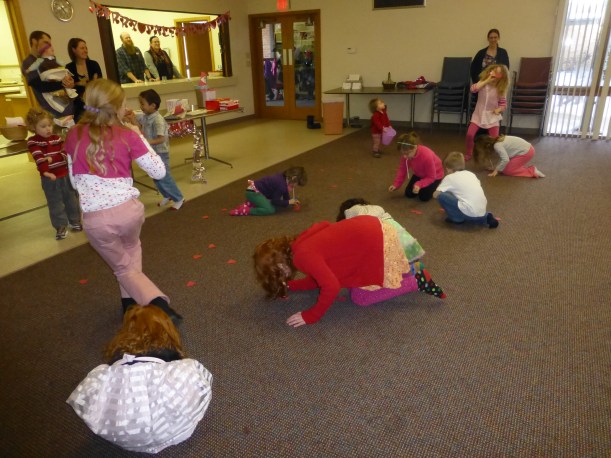 We play fun games, like the Valentine Suck Relay (my made up name!).  The kids have to suck up hearts with straws and transport them to the other side of the room.
