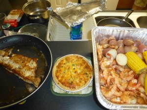 We ate amazing fresh snapper and SHRIMP! Caught that day! In the middle was crawfish pie - we just had to try it. Girls ate mac and cheese. :)