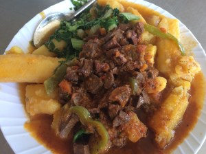 I really like ndizi na nyama and I thought that's what I had ordered. Turns out I ordered ndizi na myini, which is liver. Not my favorite meal. I kept trying to tell myself that liver is good for me!